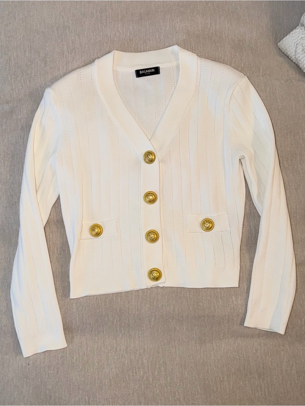 Balmain Cream Ribbed V-Neck Cardigan with Gold Buttons Small White Ivory Sweater